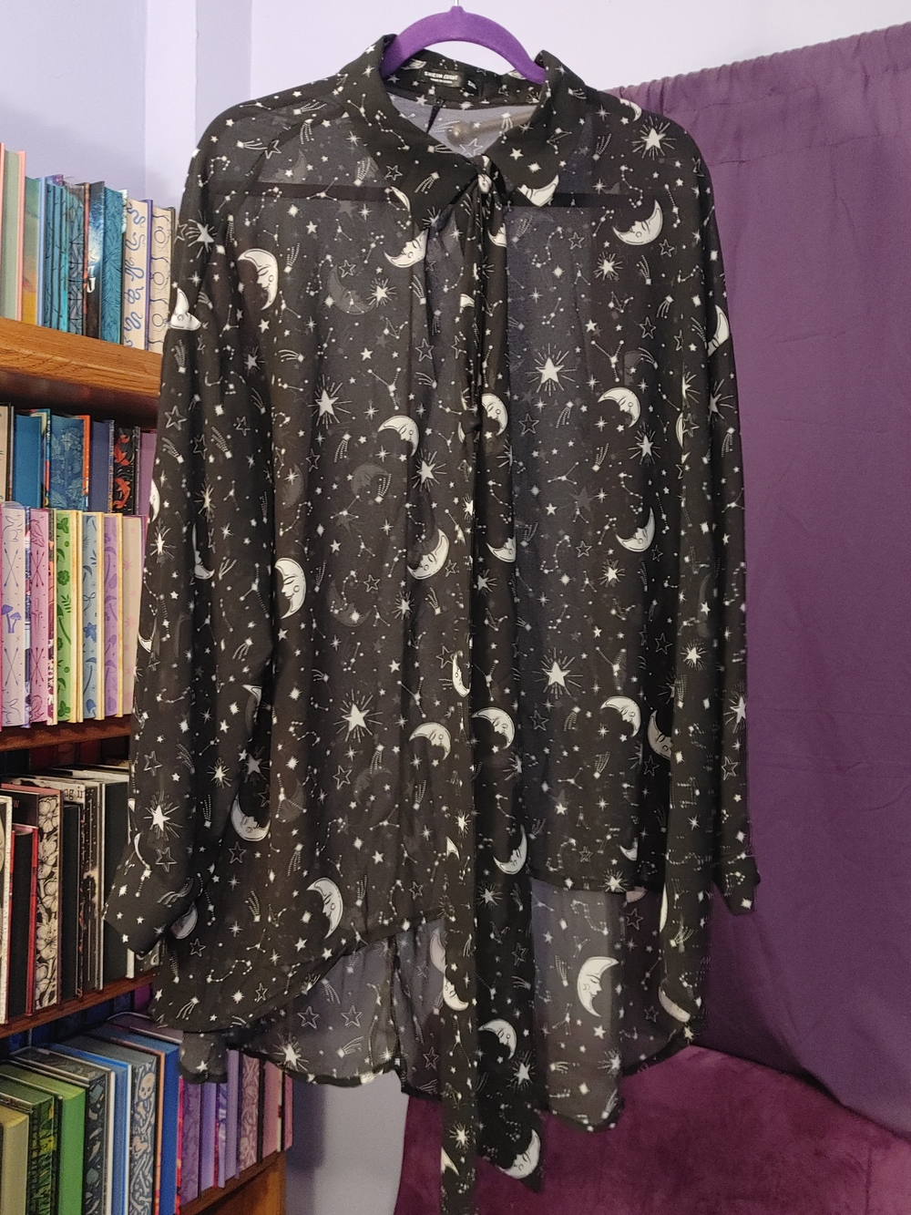 SHEIN Curve Celestial Moon Star Print Sheer Tie Neck Top 1XL